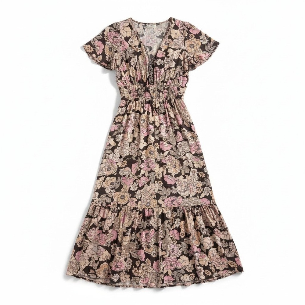Natural Life Floral Midi Dress M Pink Purple Boho Smocked‎ Tiered V-Neck